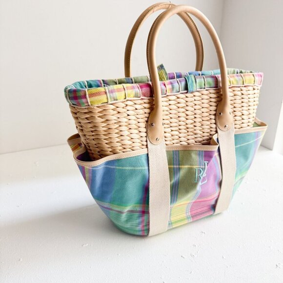 Ralph Lauren Woven Plaid Pastel Fabric Detail Small Basket Tote - Picture 2 of 8